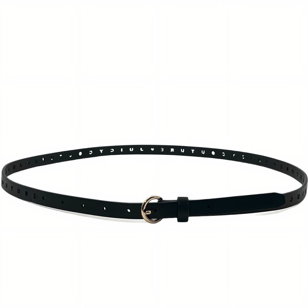 Vintage Juicy Couture Black Leather Skinny Belt Gold Buckle Cutout Logo XL Y2K